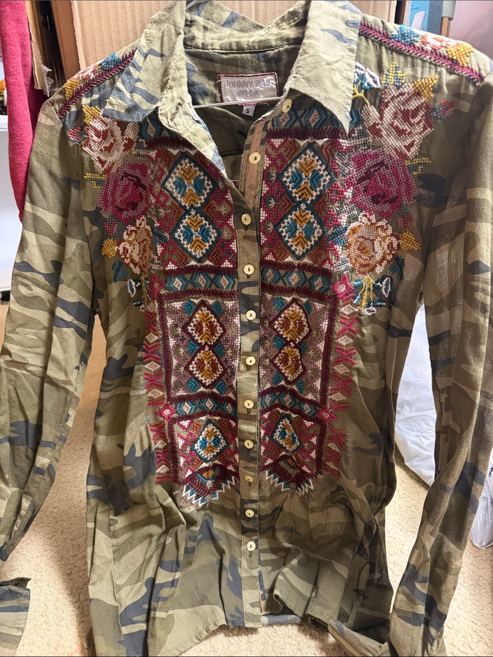 Johnny Was Olive Camo Embroidered Button-Down Shirt with Multicolor Stitching